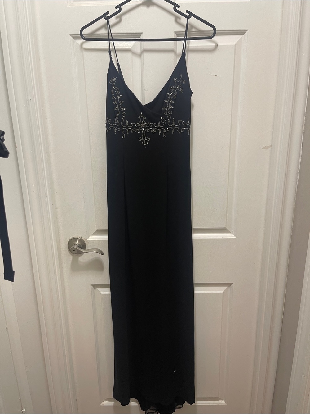 Morgan & Co. Black Beaded Backless Slip Gown